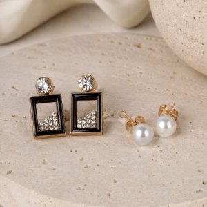 pearl & geometric dual earring set