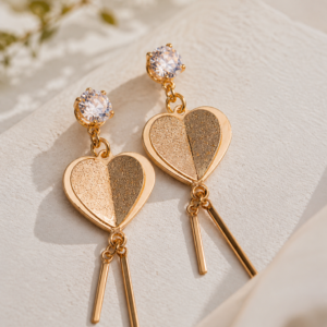 golden heart drop earring with crystal stud