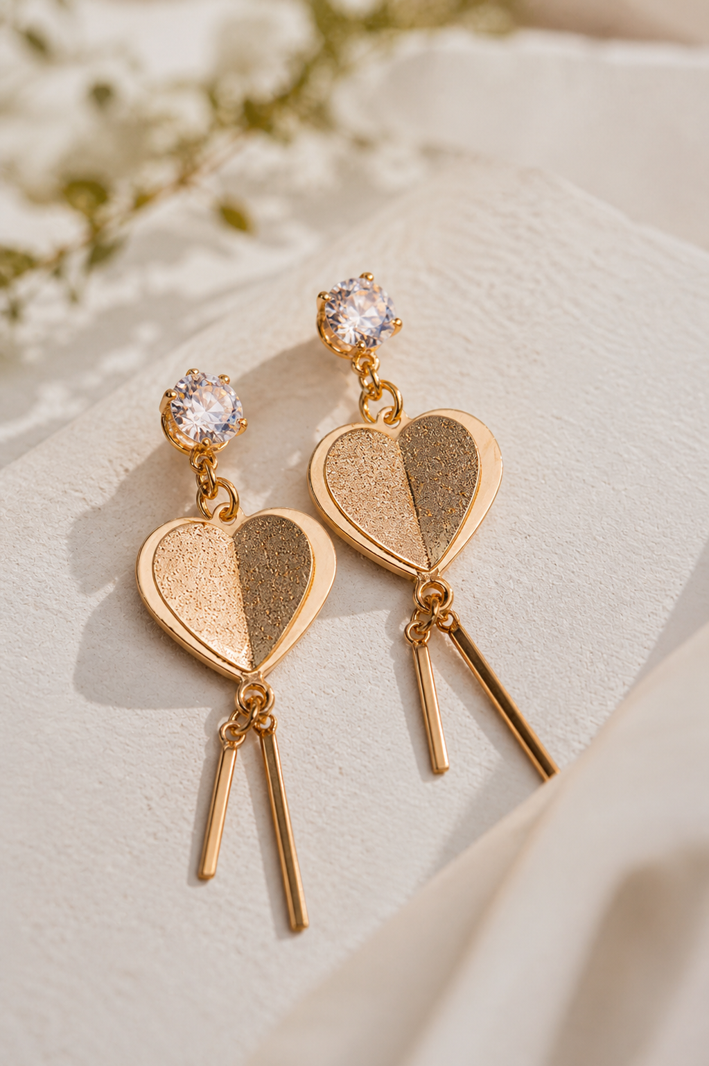 golden heart drop earring with crystal stud golden heart drop earring with crystal stud